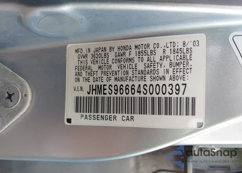 2004 Honda Civic Hybrid from USA, damaged, VIN JHMES96664S000397